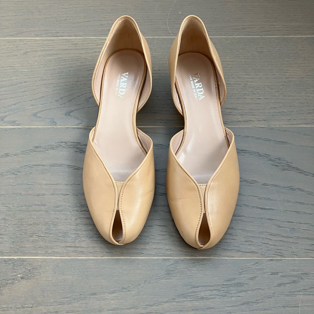🆕 Leather Kitten Block Heel Peep Toe Shoes in Beige Size 39.5